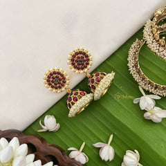 Vriksham Traditional Kemp Jhumkas-Small-Green Red-Pearl-G18565