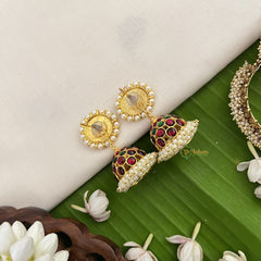 Vriksham Traditional Kemp Jhumkas-Small-Green Red-Pearl-G18565