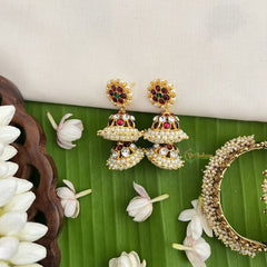 Vriksham Traditional Kemp Double Jhumkas-Pearl-G18572