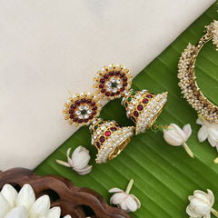 Vriksham Traditional Kemp Flower Jhumkas-Green White & Red-Pearl-G18568