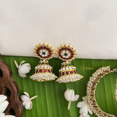 Vriksham Traditional Kemp Flower Jhumkas-Green White & Red-Pearl-G18568