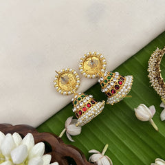 Vriksham Traditional Kemp Flower Jhumkas-Green White & Red-Pearl-G18568