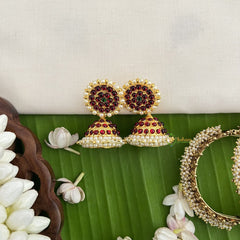 Vriksham Traditional Kemp Jhumkas-Small-Green Red-Pearl-G18579