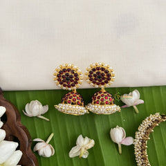 Vriksham Traditional Kemp Jhumkas-Small-Green Red-Pearl-G18576