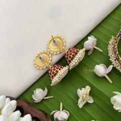 Vriksham Traditional Kemp Jhumkas-Small-Green Red-Pearl-G18576