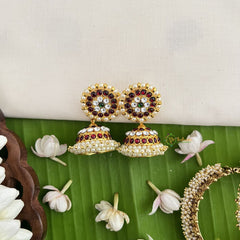 Vriksham Traditional Kemp Flower Jhumkas-White Red-Pearl-G18569