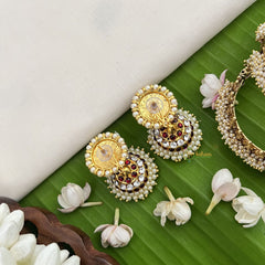 Vriksham Traditional Kemp Flower Jhumkas-White Red-Pearl-G18569
