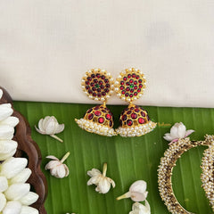 Vriksham Traditional Kemp Jhumkas-Green Red-Pearl-G18575