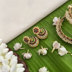 Vriksham Traditional Kemp Jhumkas-Small-Green Red & White-Pearl-G18577