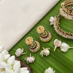 Vriksham Traditional Kemp Jhumkas-Small-Green Red & White-Pearl-G18577