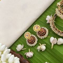 Vriksham Traditional Kemp Jhumkas-Small-Green Red-Pearl-G18574
