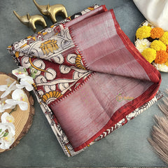 Vriksham Off White With Mustered Kalamkari Saree with Kanchi Border-VS4319