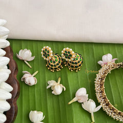 Vriksham Traditional Kemp Jhumkas-Small-Green-Pearl-G18580
