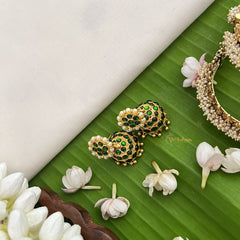 Vriksham Traditional Kemp Jhumkas-Small-Green-Pearl-G18580