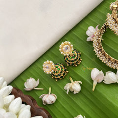 Vriksham Traditional Kemp Jhumkas-Small-Green-Pearl-G18580