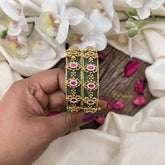 Vriksham Classic Green Meenakari With Pink Stone Accents-Screw Type Bangles-G20985
