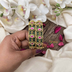 Vriksham Classic Green Meenakari With Pink Stone Accents-Screw Type Bangles-G20985