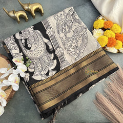 Vriksham Black & White Kalamkari Saree with Kanchi Border-VS4310