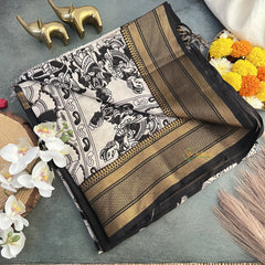 Vriksham Black & White Kalamkari Saree with Kanchi Border-VS4310