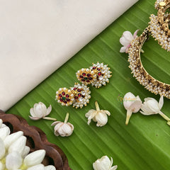 Vriksham Traditional Kemp Jhumkas-Small-Green Red-Pearl-G18570