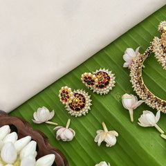 Vriksham Traditional Kemp Jhumkas-Small-Green Red-Pearl-G18578