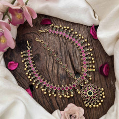 Vriksham Classic Stone Floral Style Double Side Maang Tikka-Red Green-Gold Bead-G20288