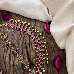 Vriksham Classic Stone Floral Style Double Side Maang Tikka-Red Green-Gold Bead-G20288