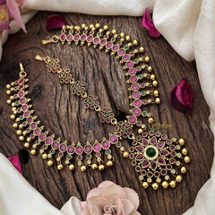 Vriksham Classic Stone Floral Style Double Side Maang Tikka-Red Green-Gold Bead-G20288