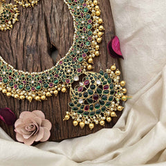 Vriksham Traditional Chandbali Pendant Floral Pealrs Coted Long Neckpiece-Green Red & White-G20287