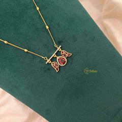 Vriksham Dainty Gold-Plated Bead Chain Ethnic Peacock With Teardrop Neckpiece-Red-G22321