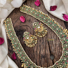 Vriksham Traditional Chandbali Pendant Floral Pealrs Coted Long Neckpiece-Green Red & White-G20287