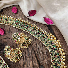 Vriksham Traditional Chandbali Pendant Floral Pealrs Coted Long Neckpiece-Green Red & White-G20287