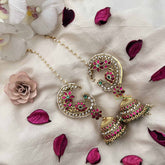 Vriksham Royal Peacock Kundan Jadau With Pearl Lined Maatil & Ear Cuff Jhumkas-Green Red-J3743