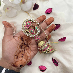 Vriksham Royal Peacock Kundan Jadau With Pearl Lined Maatil & Ear Cuff Jhumkas-Green Red-J3743