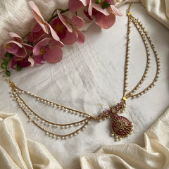 Unique Red White Floral Jada Billai with Pearl Maatil-Bun Billai-G13729