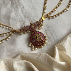 Unique Red White Floral Jada Billai with Pearl Maatil-Bun Billai-G13729