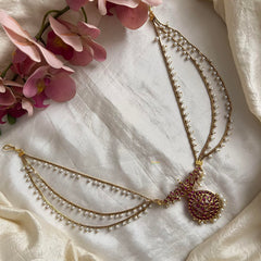 Unique Red Floral Jada Billai with Pearl Maatil-Bun Billai-G13730