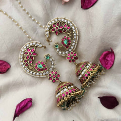 Vriksham Royal Peacock Kundan Jadau With Pearl Lined Maatil & Ear Cuff Jhumkas-J3741