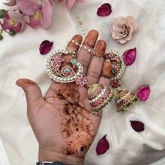 Vriksham Royal Peacock Kundan Jadau With Pearl Lined Maatil & Ear Cuff Jhumkas-J3741