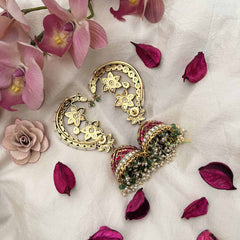 Vriksham Traditional Floral Kundan Jadau With Pearl Lined Bridal Ear Cuff Jhumkas-Pearls-J3742