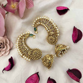 Vriksham Statement Antique Temple Half Moon Chandbalis With Green Stone & Pearls EarCuff Jhumka-G20289