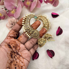 Vriksham Statement Antique Temple Half Moon Chandbalis With Green Stone & Pearls EarCuff Jhumka-G20289