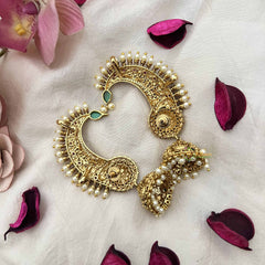Vriksham Statement Antique Temple Half Moon Chandbalis With Green Stone & Pearls EarCuff Jhumka-G20289