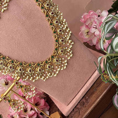 Vriksham Elegant Diya Style Pearls Detailing Guttapusalu Bridal Set-White Green & Red-G21093