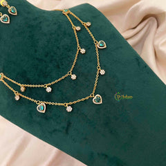 Vriksham Minimalist Double Layered Heart & Flower Drip Charm Neckpiece-Green-G22319