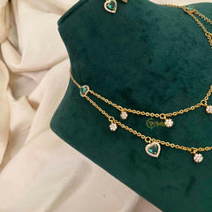 Vriksham Minimalist Double Layered Heart & Flower Drip Charm Neckpiece-Green-G22319