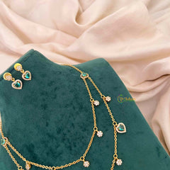 Vriksham Minimalist Double Layered Heart & Flower Drip Charm Neckpiece-Green-G22319