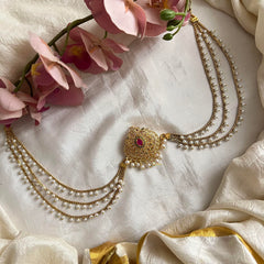 Elegant AD Stone Dual Peacock Floral Jada Billai with Pearl Maatil-G13724