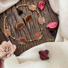 Vriksham Elegant Gold Look Alike Lotus Red Green Short Neckpiece-G21102