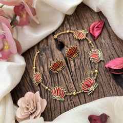 Vriksham Elegant Gold Look Alike Lotus Red Green Short Neckpiece-G21102